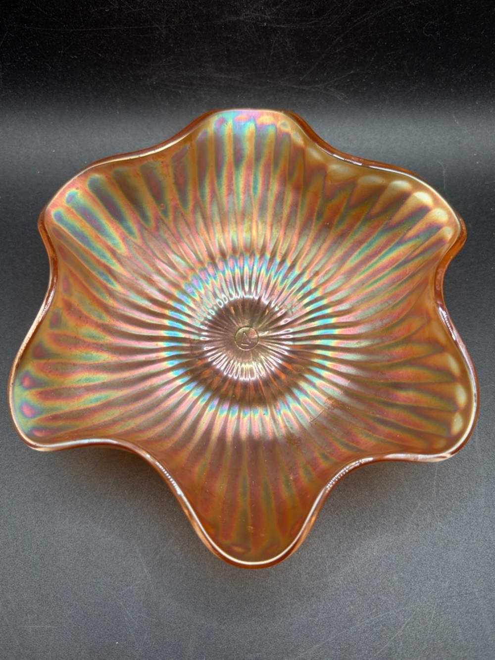 Northwood Vintage Marigold Orange Carnival Glass Ribbed Ruffled Edge Bowl